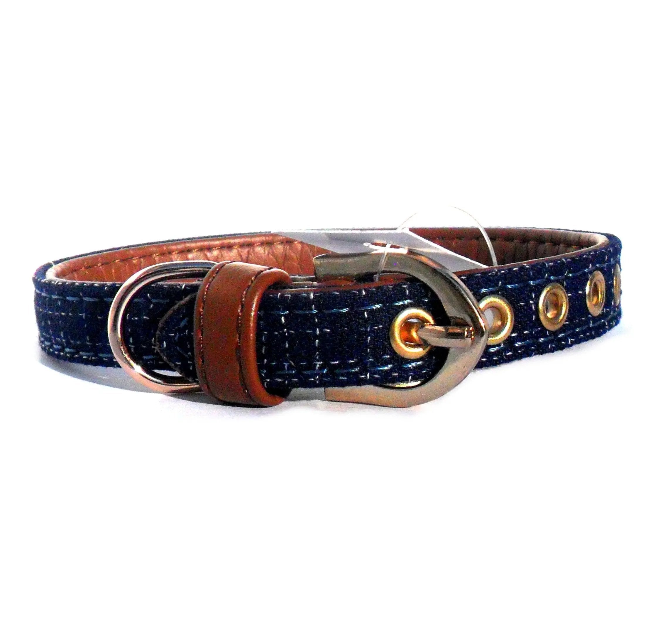 Blue Fabric & Brown Faux Leather Collar Salmon Oscar
