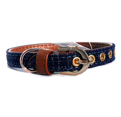 Blue Fabric & Brown Faux Leather Collar Salmon Oscar